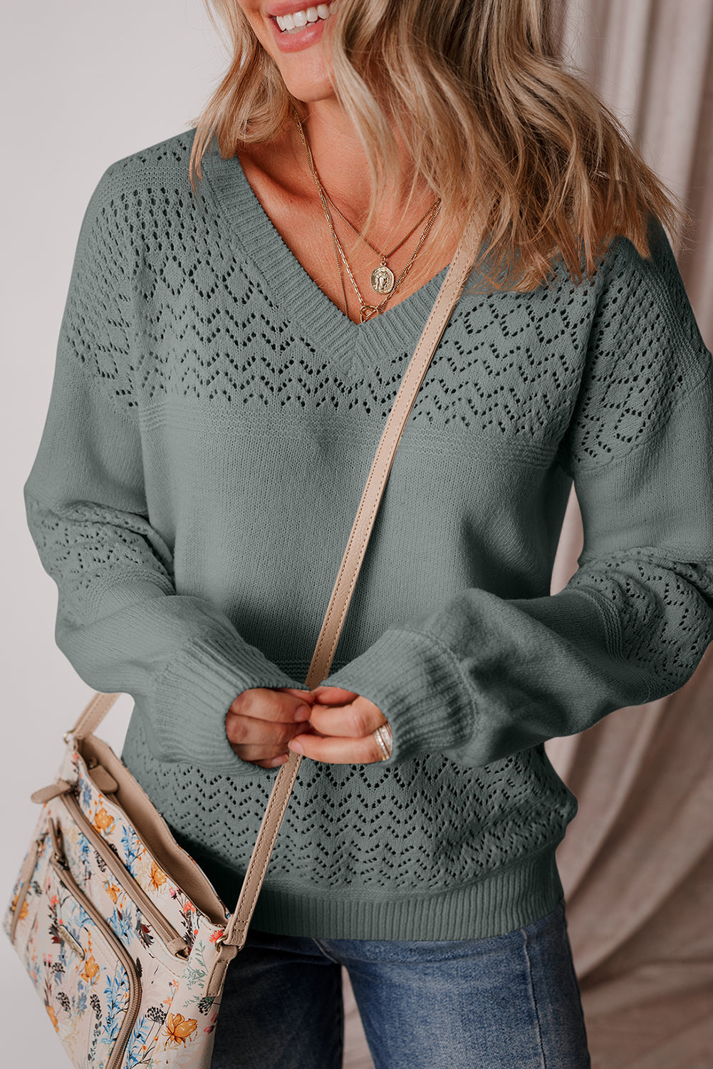 Black Eyelet Pattern Detail V Neck Drop Shoulder Sweater eAura
