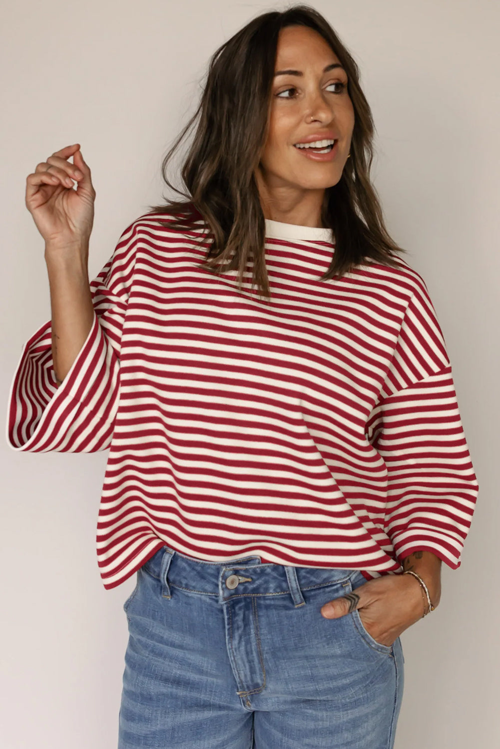 Black Stripe Bowknot Cutout Back Drop Shoulder Wide Bracelet Sleeve Loose Tee eAura