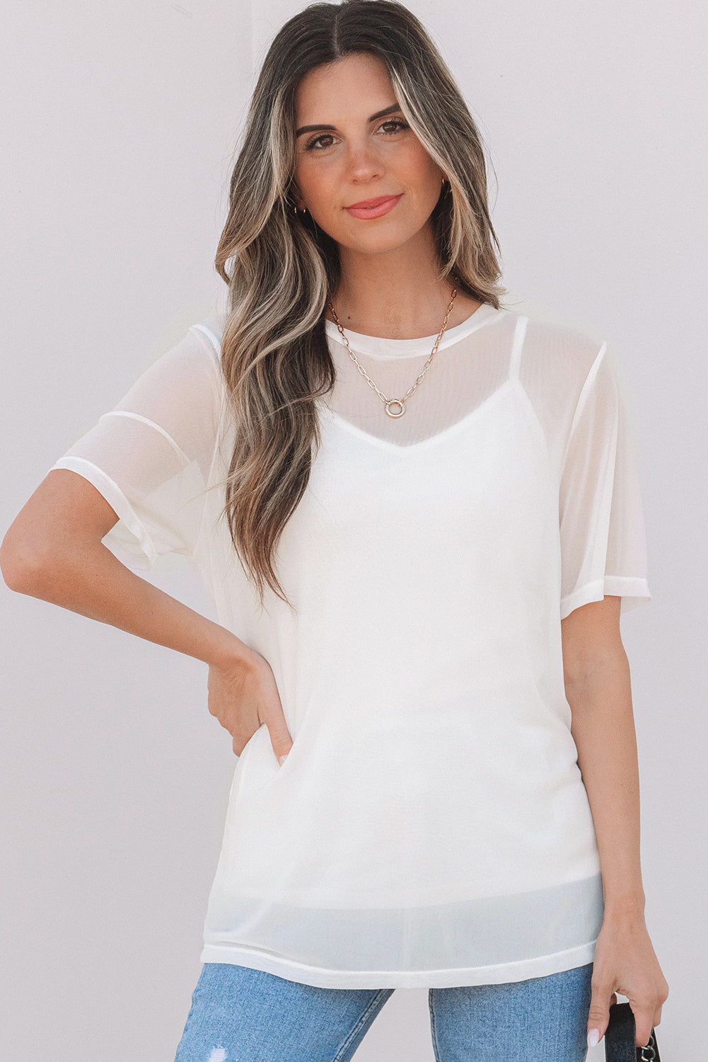 White Solid Colour Sheer Mesh Patchwork Short Sleeve Top eAura