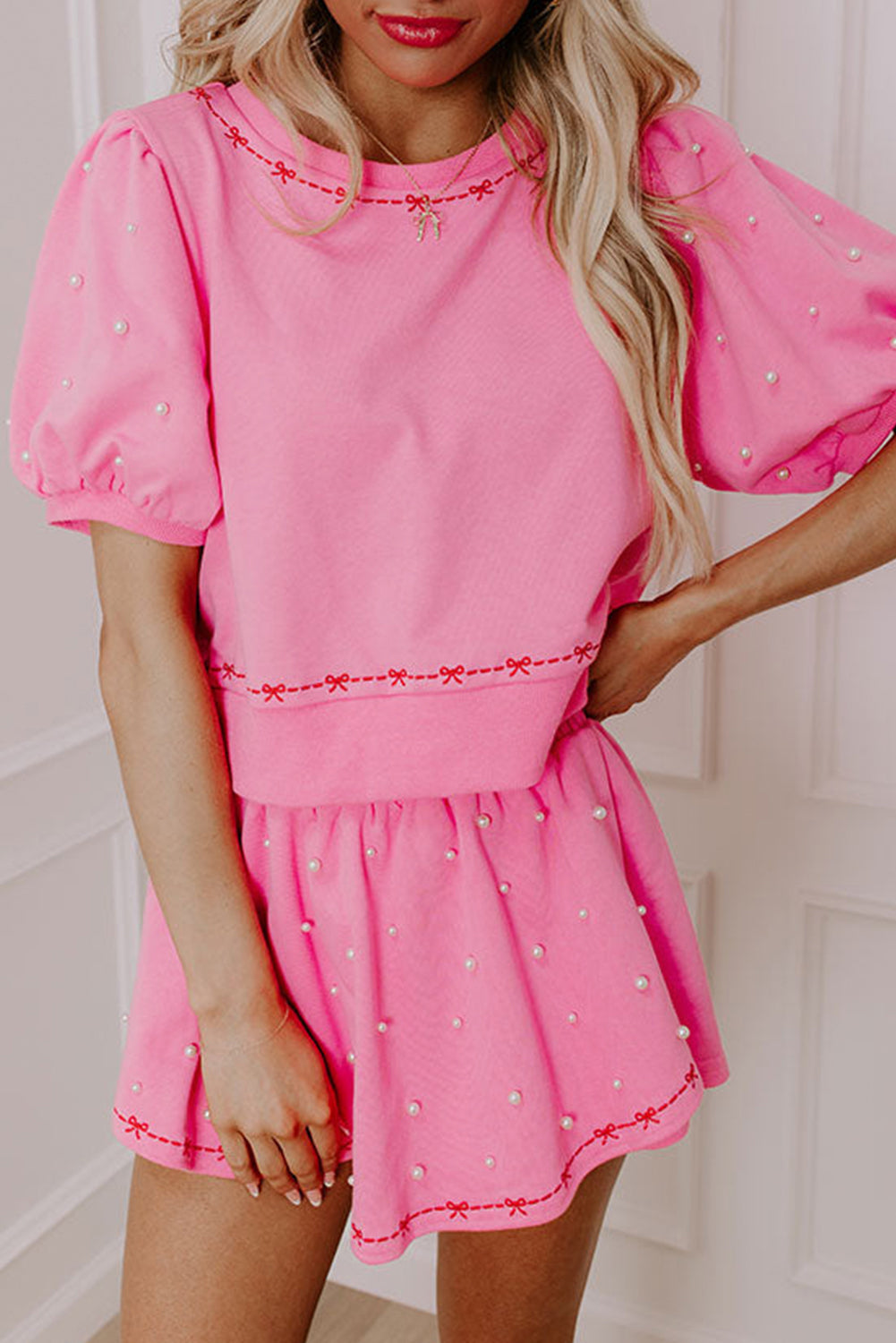 Pink Contrast Bow Trim Pearl Puff Sleeve Top and Skort Co-ord eAura