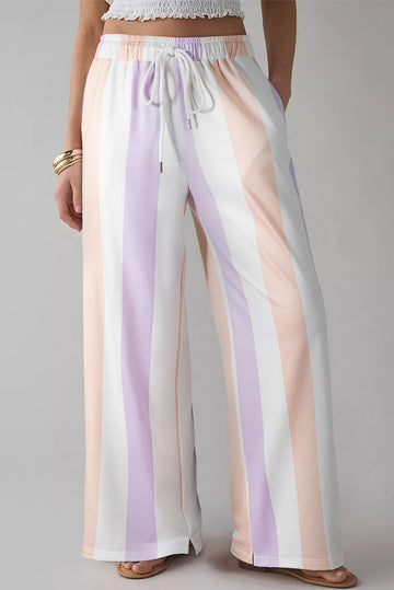 Stripe Multicoloured Print Drawstring Loose Pants with Side Pockets - eAura