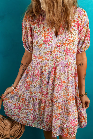 Red Floral Puff Sleeve V-Neck Tiered Mini Dress eAura