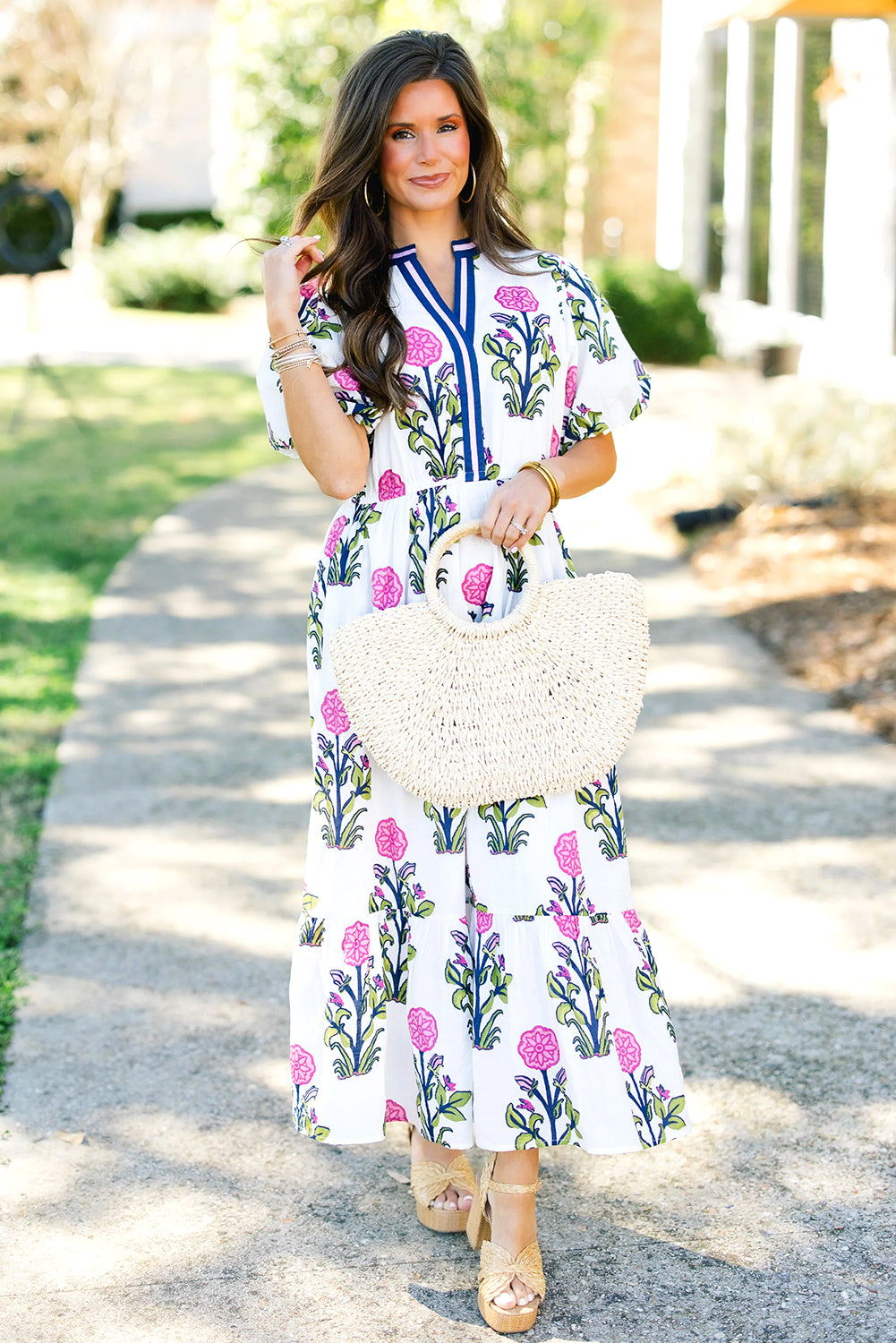 Floral Puff Short Sleeve V Neck High Waist Maxi Dress eAura