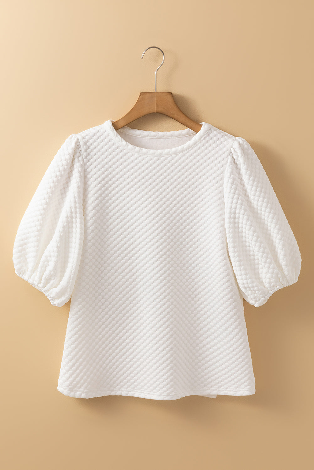 White Solid Textured O Neck Puff Sleeve Blouse eAura