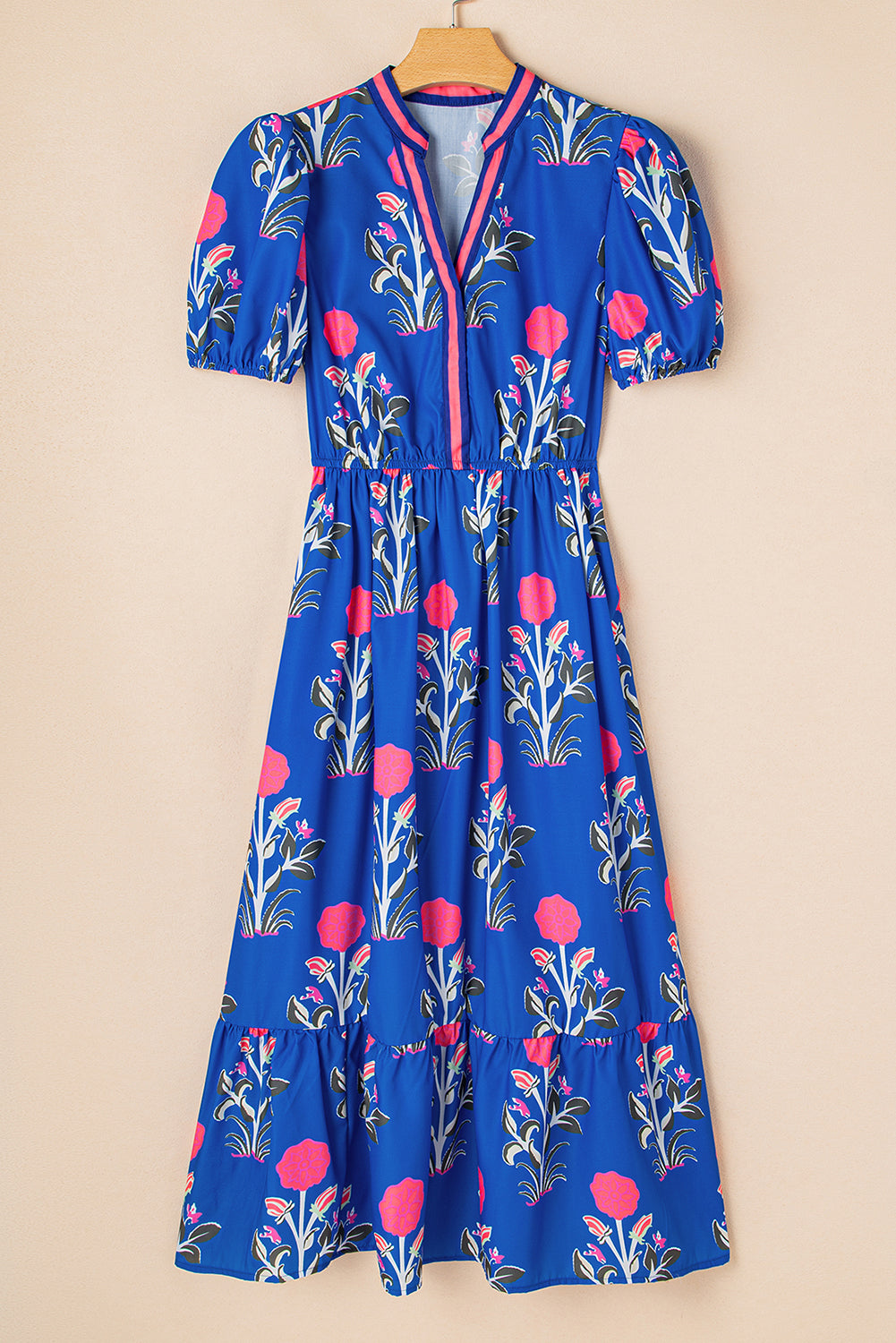 Floral Puff Short Sleeve V Neck High Waist Maxi Dress eAura