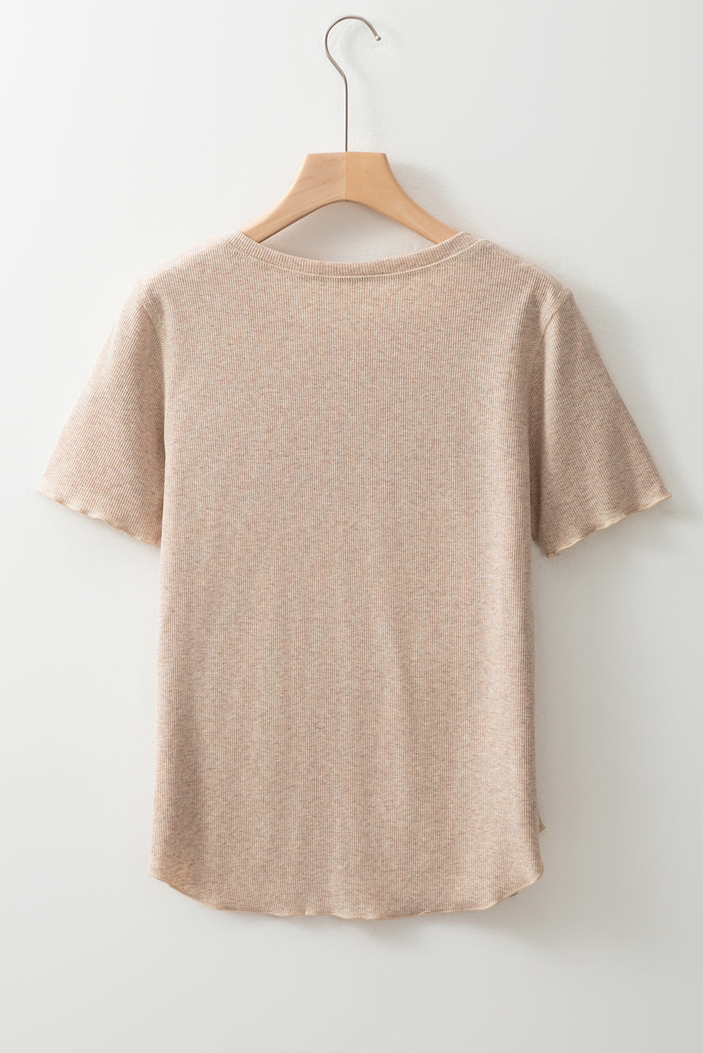 Oatmeal Short Sleeve Half Button Ribbed Knit Top eAura