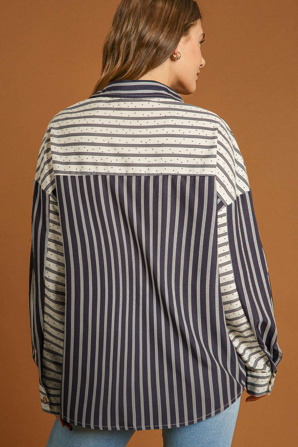 Black Stripe 2-tone Patchwork Half Buttons Chest Pockets Casual Blouse eAura