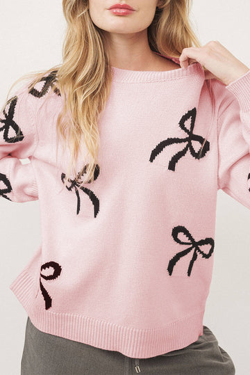 Light Pink Bow Pattern Knitted Loose Fit Sweater eAura