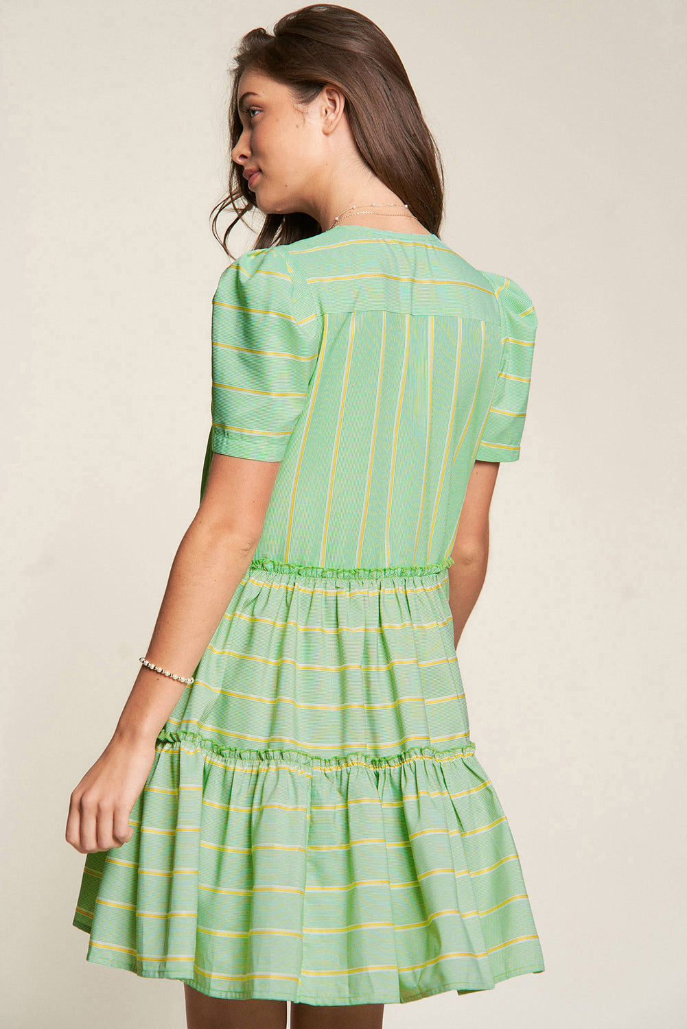 Green Stripe V-Neck Short Sleeve Frilled Detail A-line Dress eAura