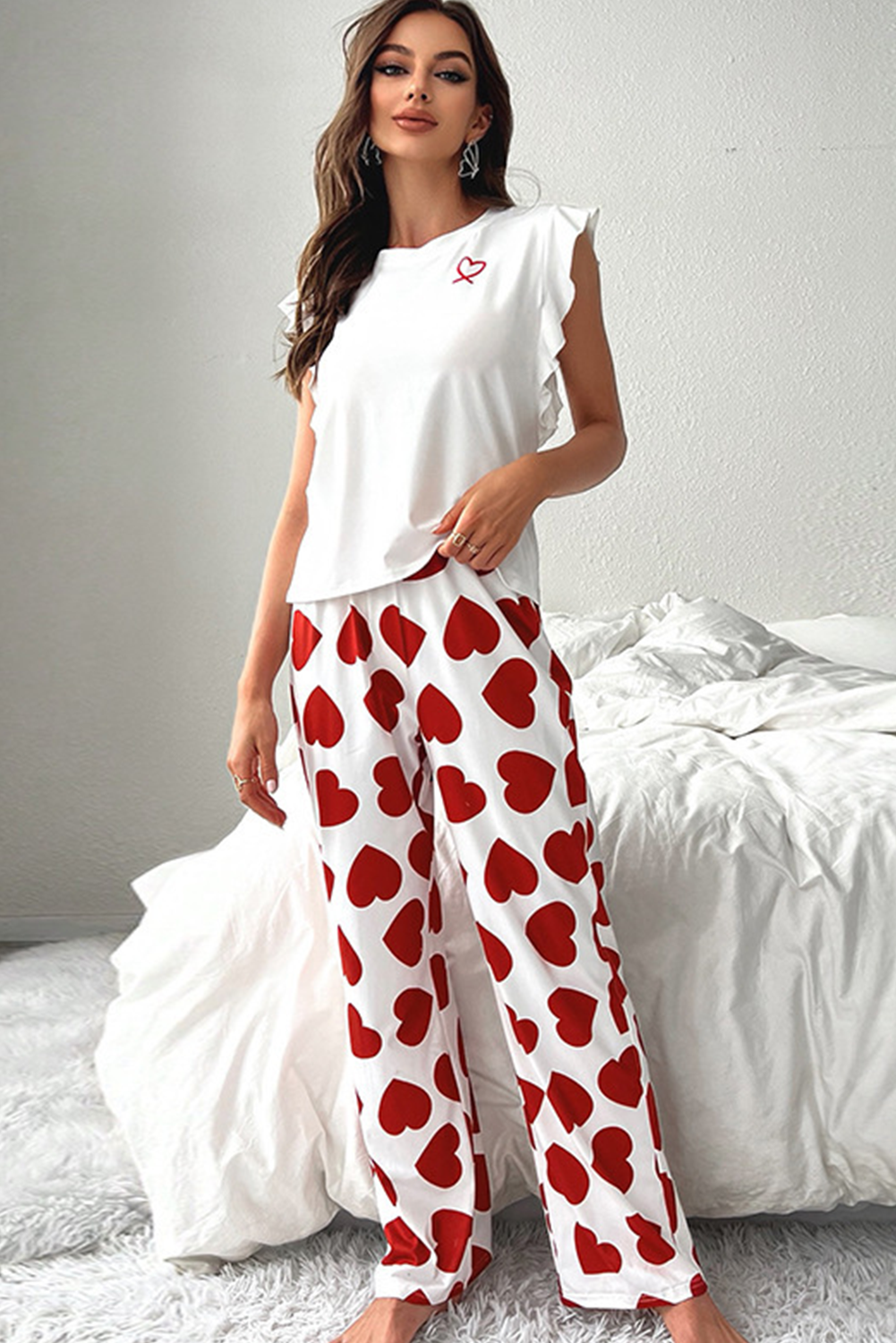 Pink Ruffled Tank Top And Heart Print Trousers Pyjamas eAura
