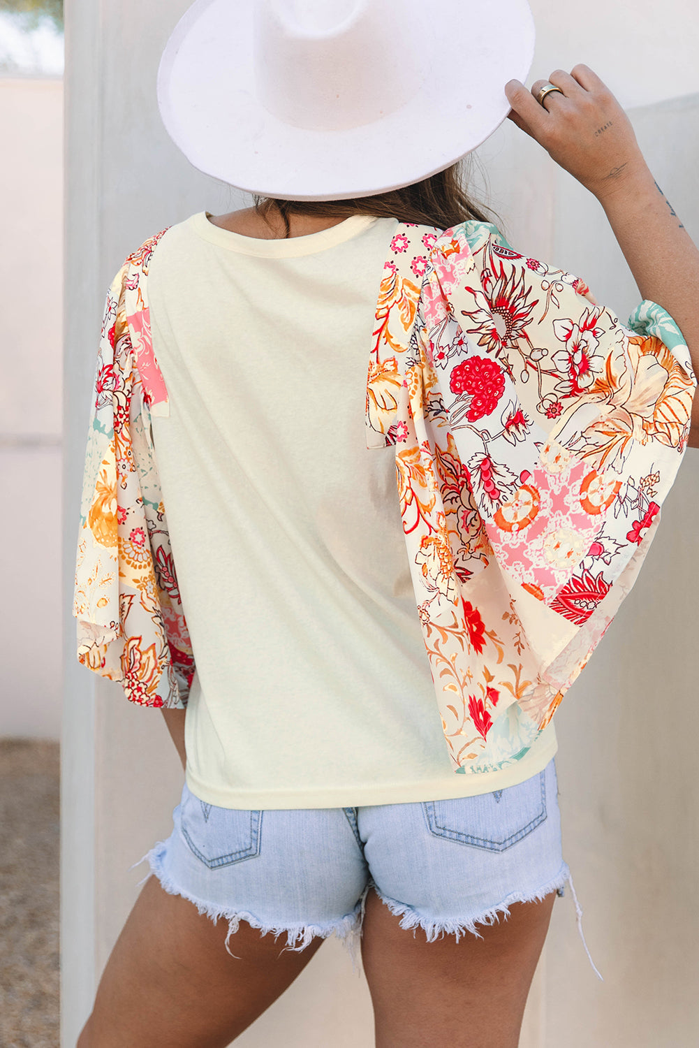 Beige Floral Patchwork Half Batwing Sleeve Blouse eAura