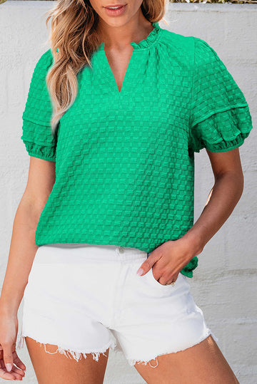 Bright Green Textured Puff Short Sleeve Notched V Neck Top eAura