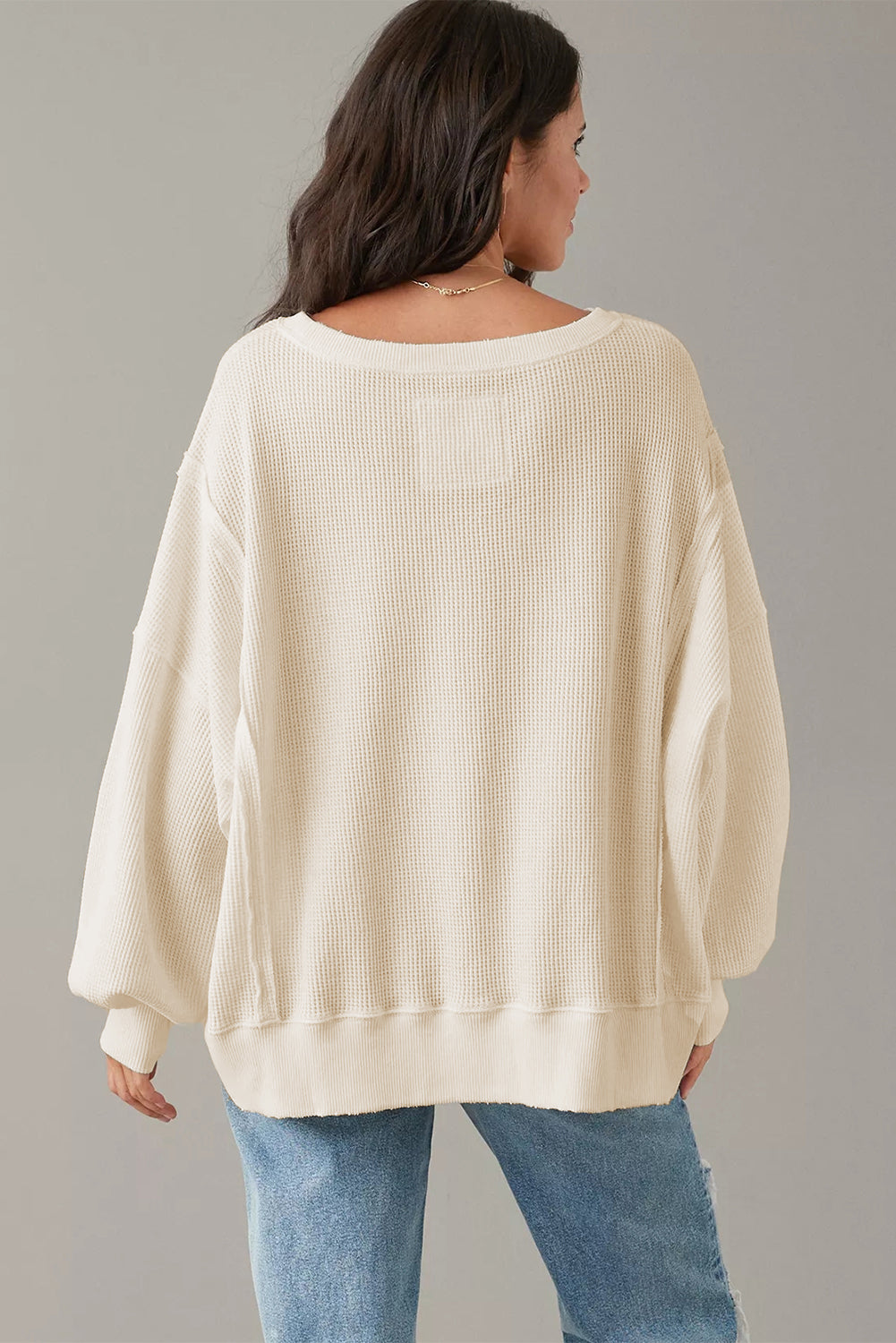 White Waffle knit Bishop Sleeve Split Oversized Top eAura