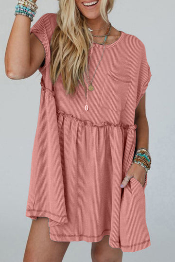 Dusty Pink Cord Textured Swing Mini Dress with Pockets eAura