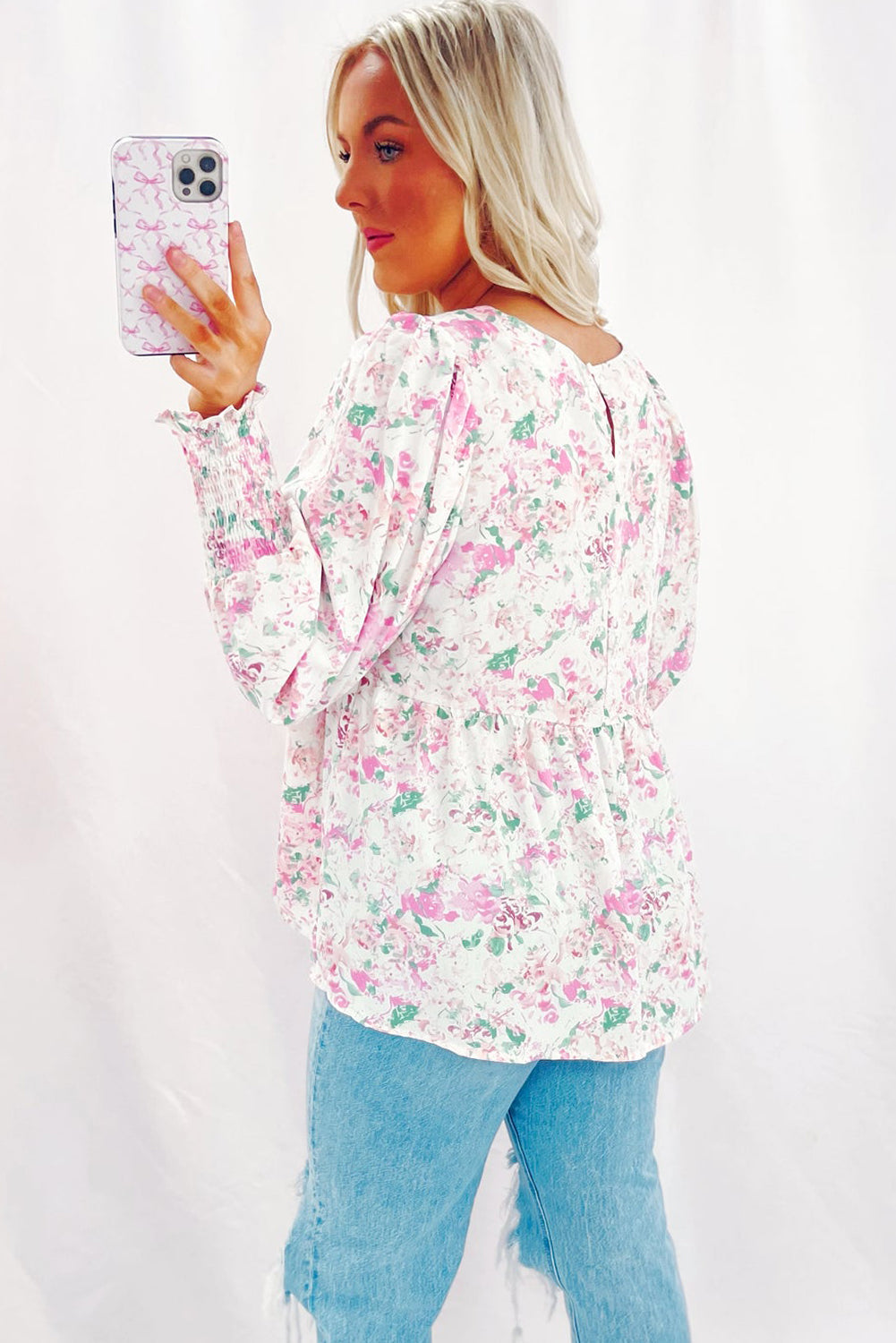 Pink Floral Print Shirred Balloon Sleeve Keyhole Back Babydoll Blouse eAura