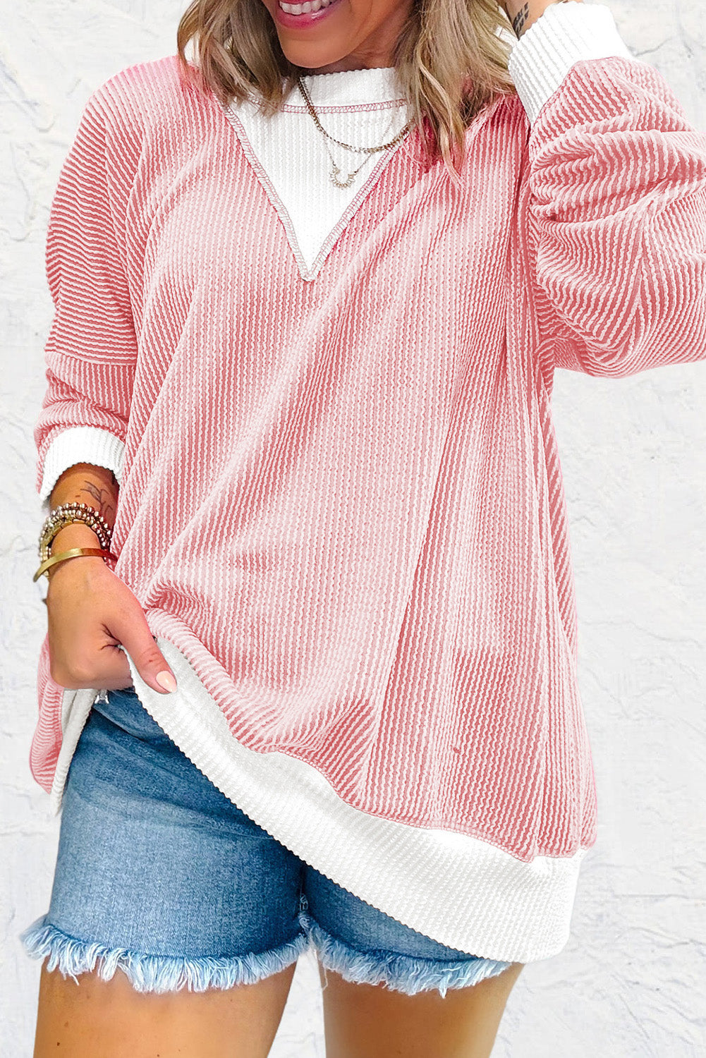 Peach Blossom Ribbed Colourblock Drop Shoulder Loose Top eAura
