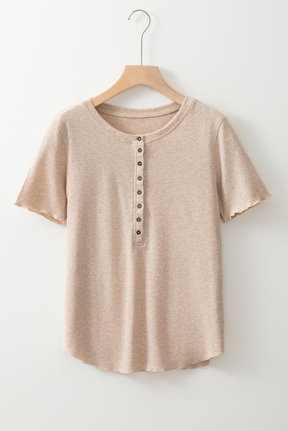 Oatmeal Short Sleeve Half Button Ribbed Knit Top eAura
