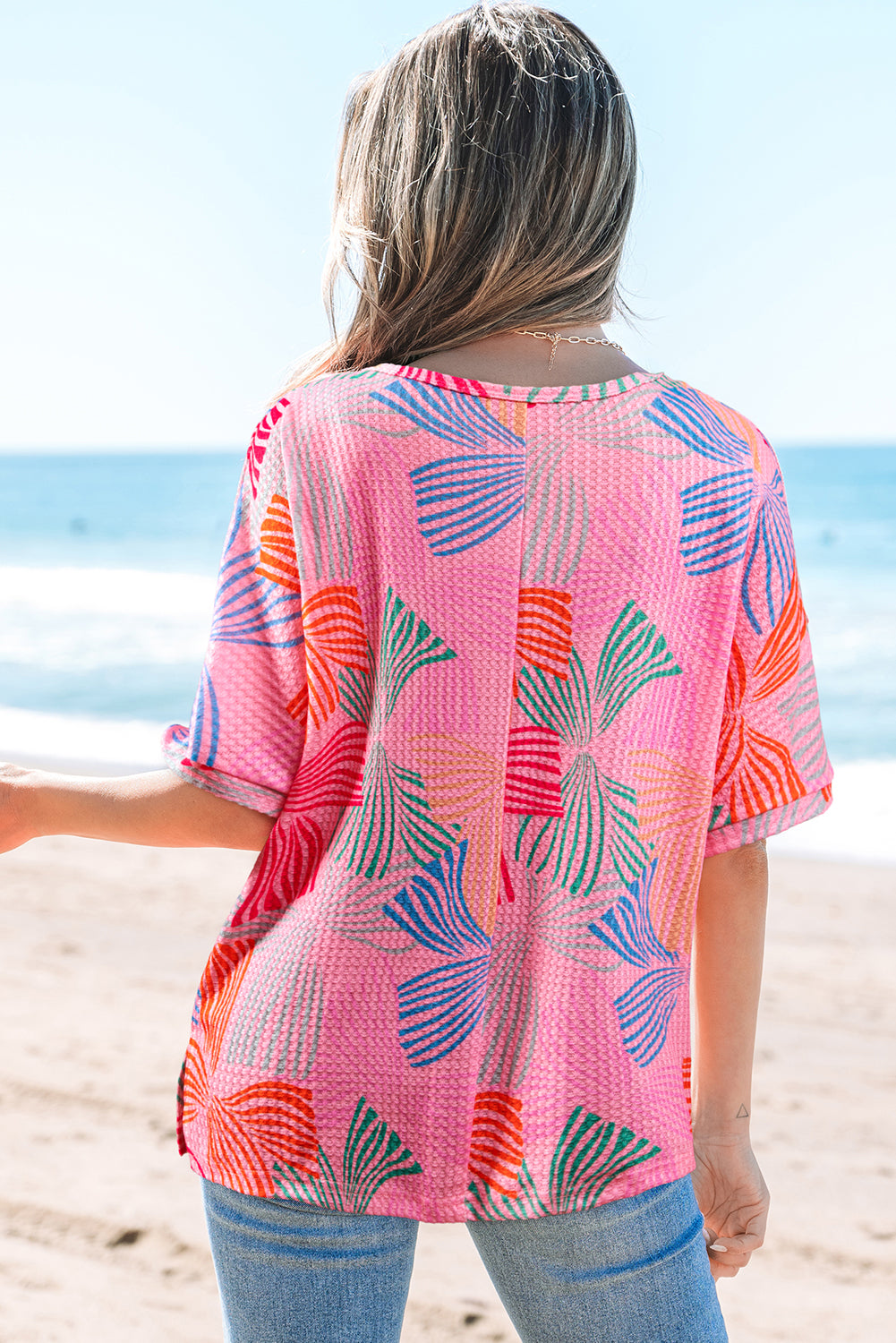 Pink Bowknot Printed Waffle Crewneck Loose Short Sleeve Top eAura