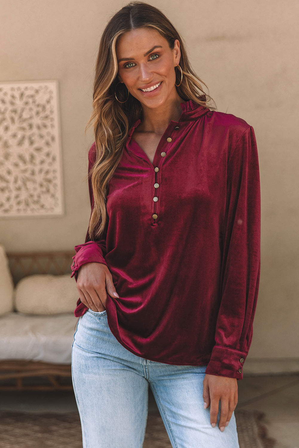 Burgundy Frilled Neck Buttoned Front Velvet Top eAura