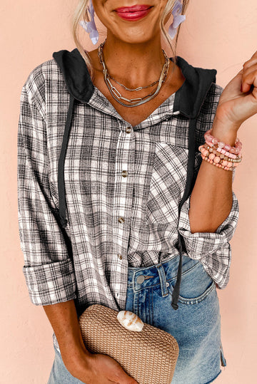 Black Checkered Print Loose Fit Buttoned Hooded Shacket eAura