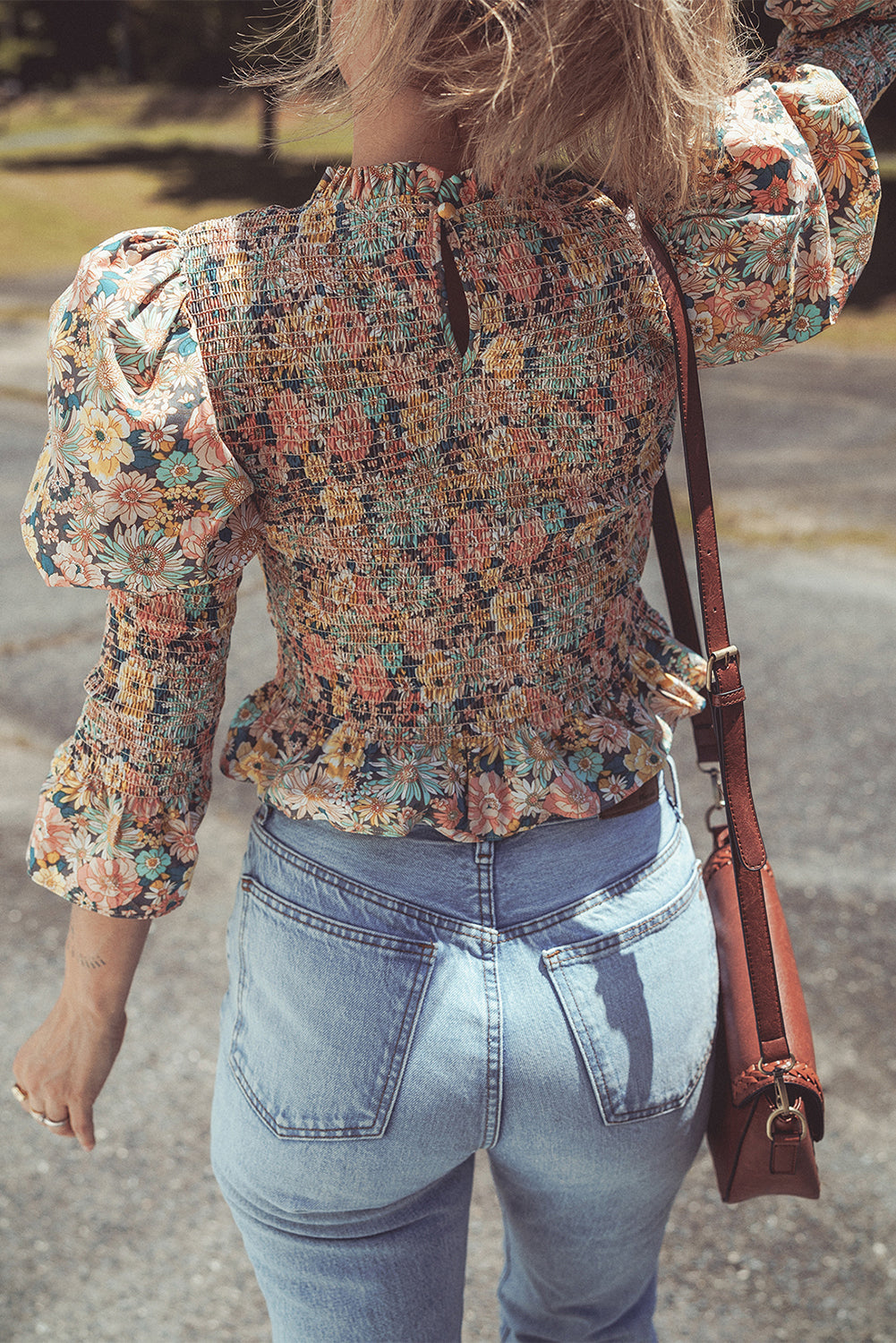 Yellow Floral Print Smocked Bubble Sleeve Ruffled Crop Top eAura