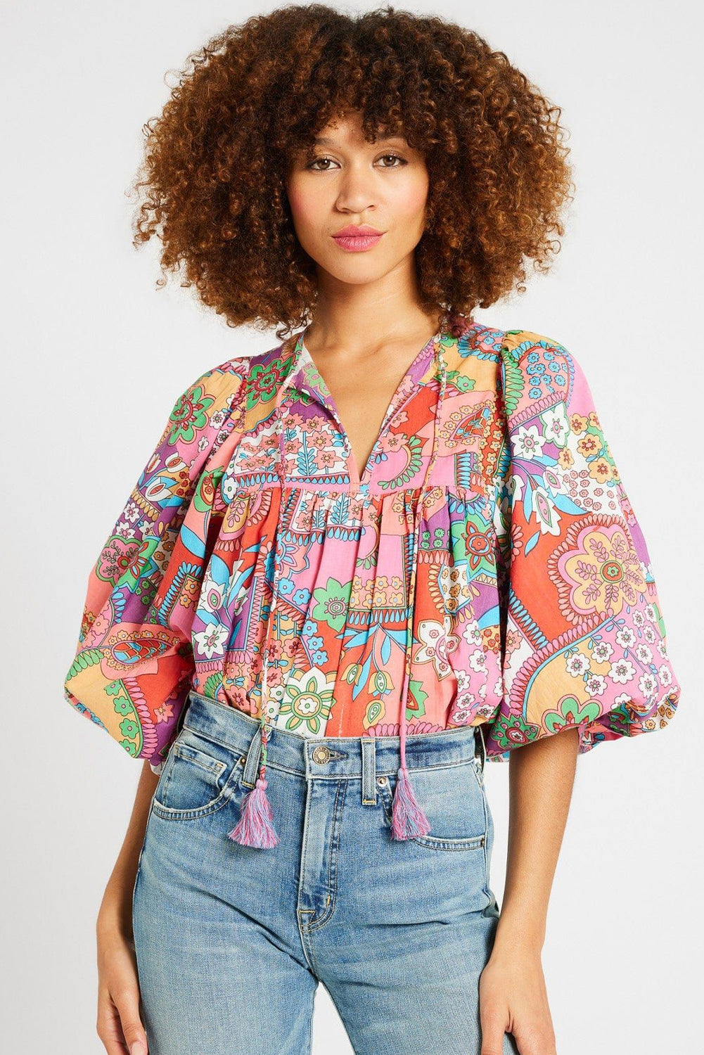 Multicolour Boho Floral Bubble Sleeve Tassel Tied Neck Pleated Blouse eAura