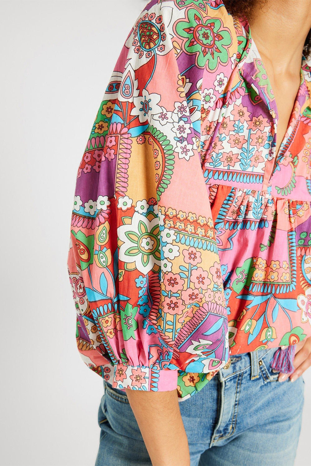 Multicolour Boho Floral Bubble Sleeve Tassel Tied Neck Pleated Blouse eAura