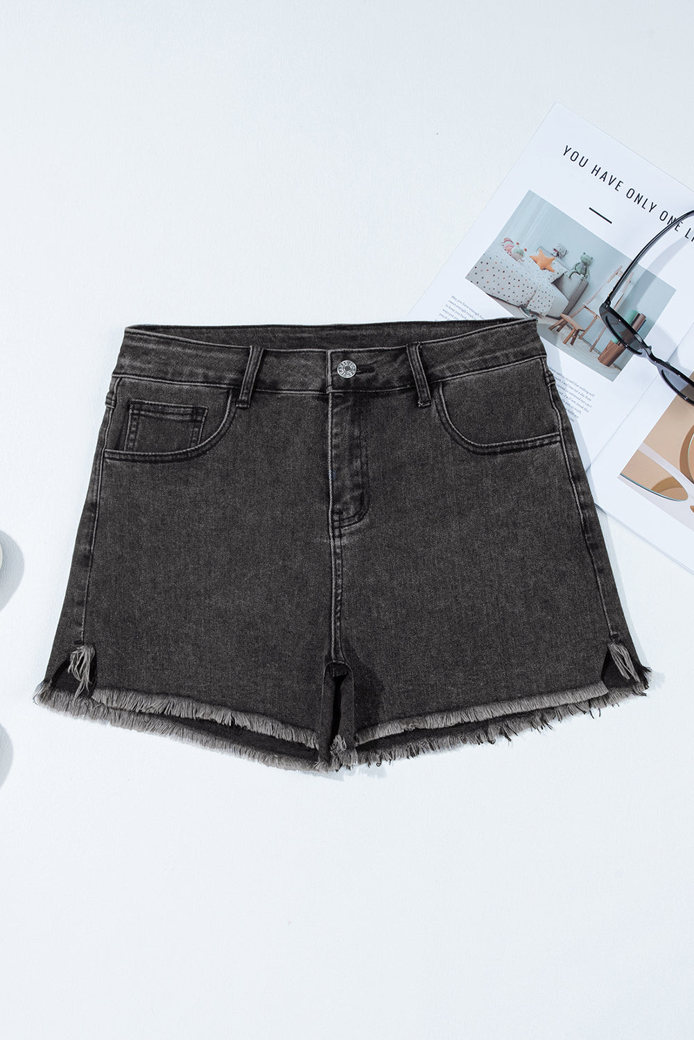 Carbon Grey Raw Hem High Waist Denim Shorts eAura