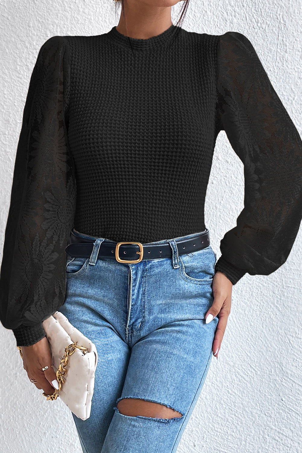 Peach Blossom Sunflower Mesh Bubble Sleeve Waffle Knit Top eAura