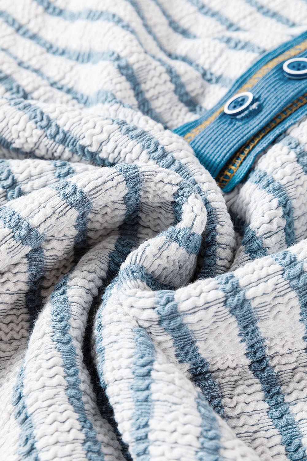 Sky Blue Stripe Textured Frilly Trim Buttons Henley Long Sleeve Top eAura