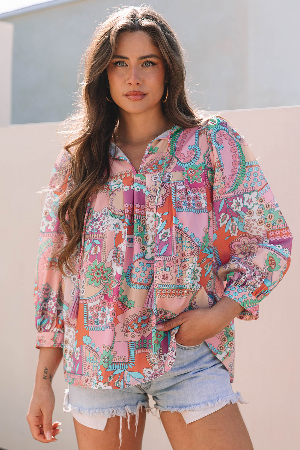 Multicolour Boho Floral Bubble Sleeve Tassel Tied Neck Pleated Blouse eAura