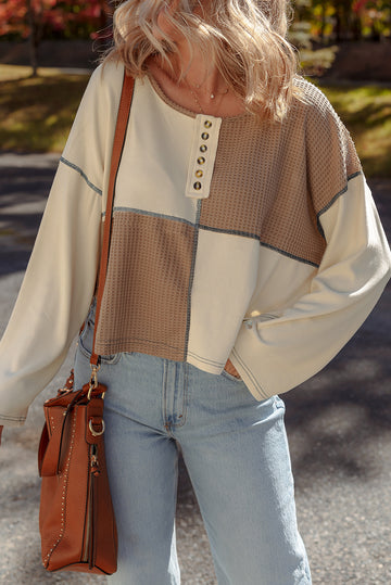 Waffle Stitch Detail Long Sleeve Boxy Top - eAura