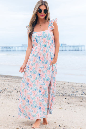 Pink Floral Print Square Neck Backless Long Dress with Slit eAura