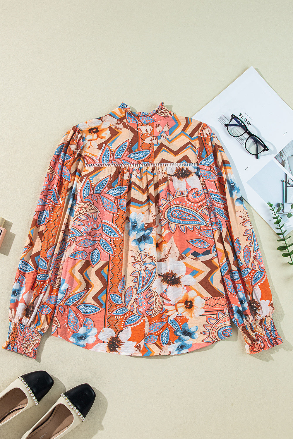 Orange Floral Print Shirred Cuff Buttoned Loose Shirt eAura