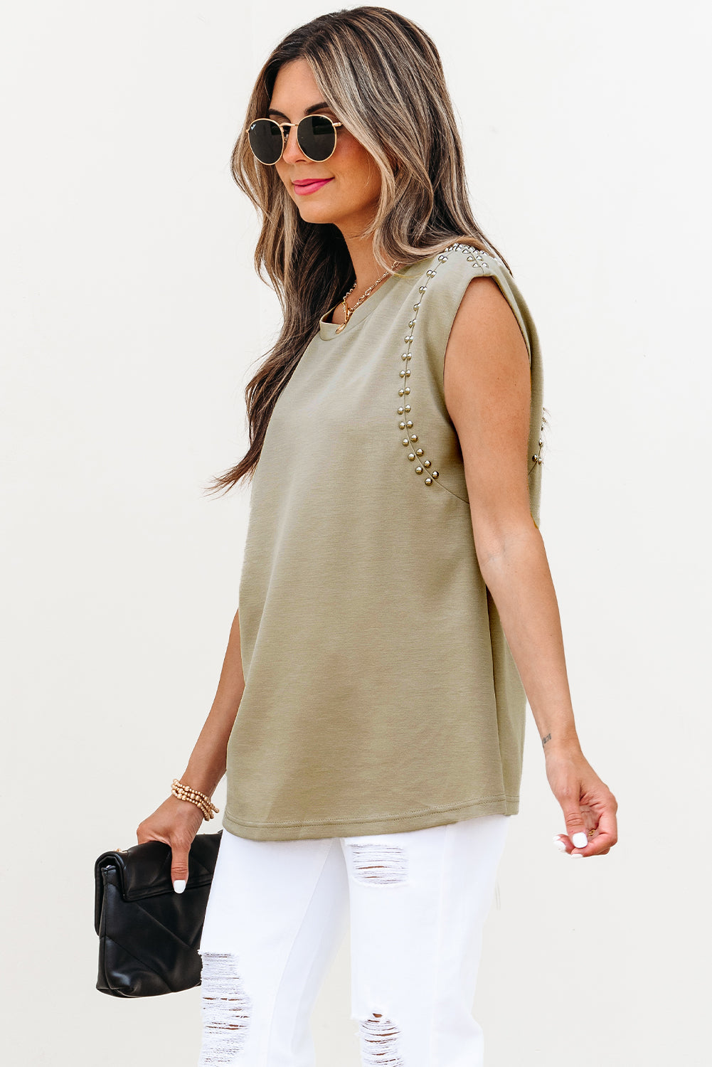 Studded Cap Sleeve Round Neck T Shirt eAura