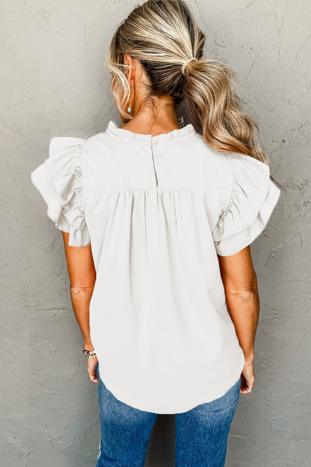 White Smocked Ruffle Sleeve Blouse eAura