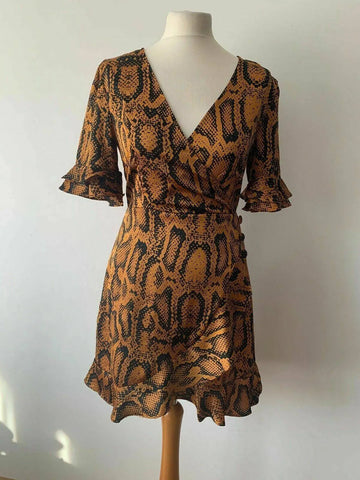 Brave Soul ari satin effect wrap dress in Snakeskin Size S Ruffle Trim - Beagle Boutique Fashion Outlet