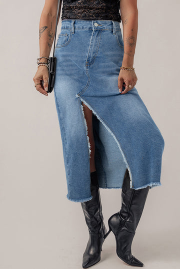 Light Blue Frayed Slit Asymmetric Denim Midi Skirt eAura