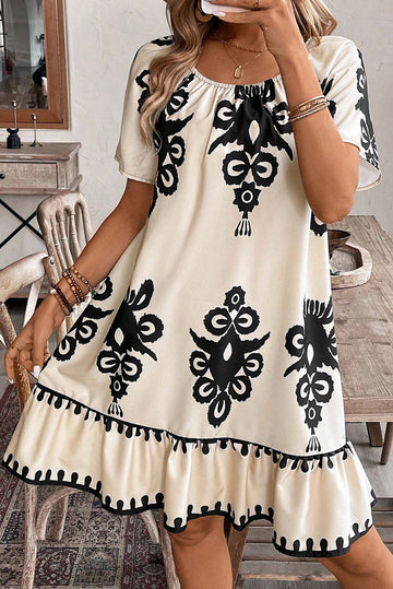 Apricot Western Print Ruffled Short Sleeve Loose Dress eAura