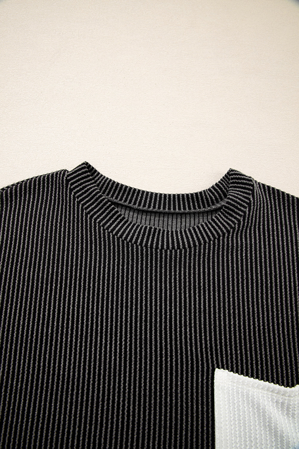 Carbon Grey Ribbed Knit Colour Block Pocketed Crew Neck T Shirt eAura