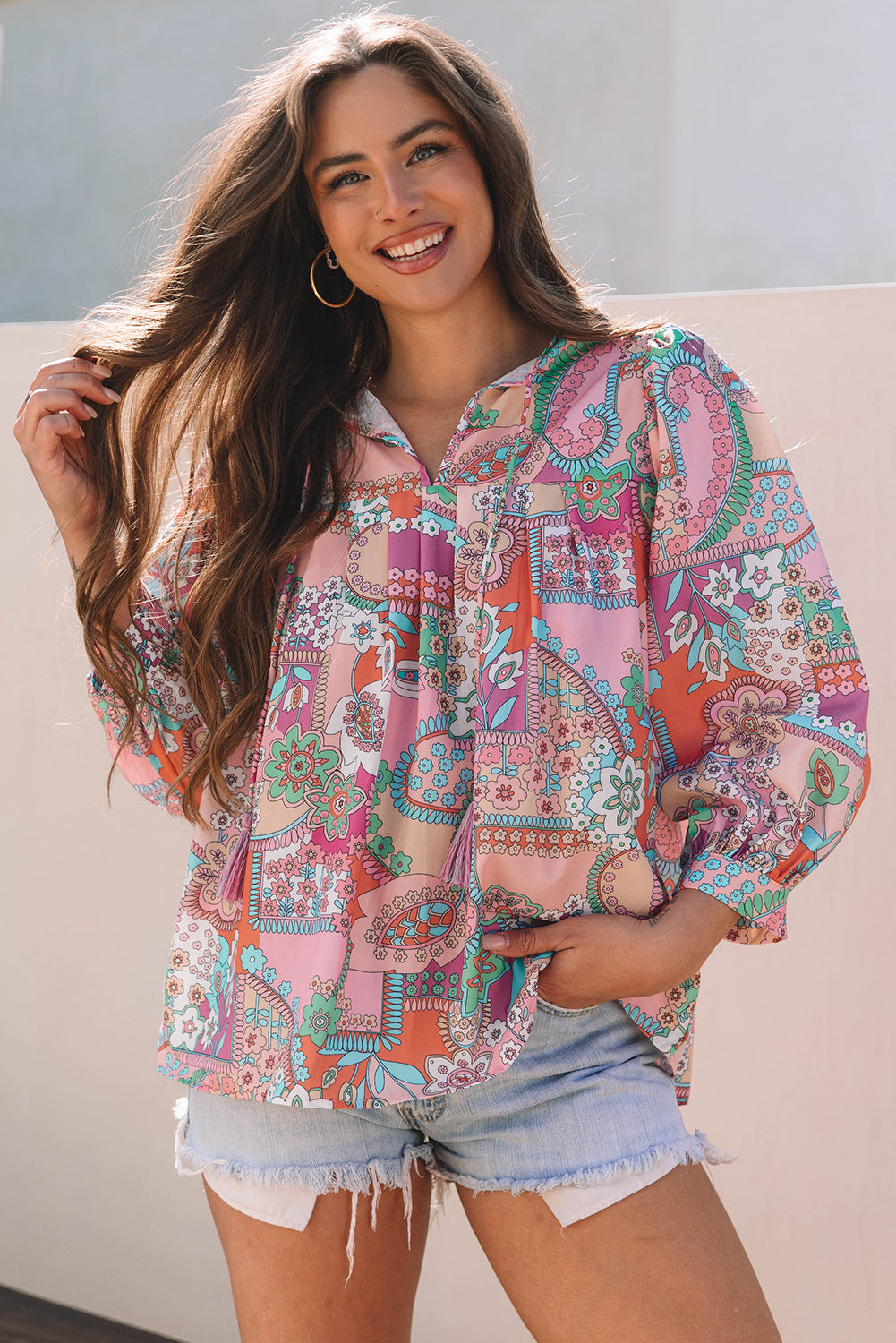 Multicolour Boho Floral Bubble Sleeve Tassel Tied Neck Pleated Blouse eAura