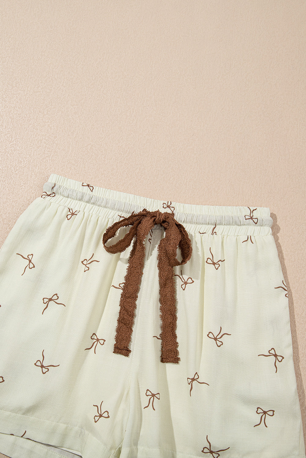 White Bow Print Lace Drawstring Casual Shorts eAura