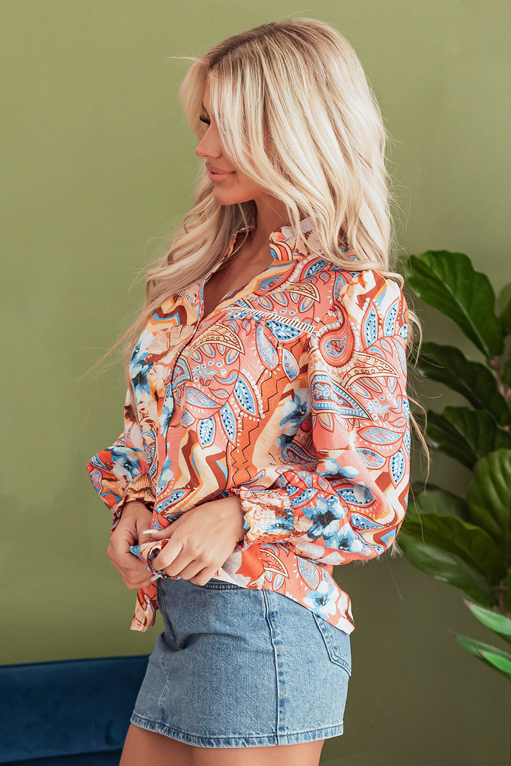 Orange Floral Print Shirred Cuff Buttoned Loose Shirt eAura