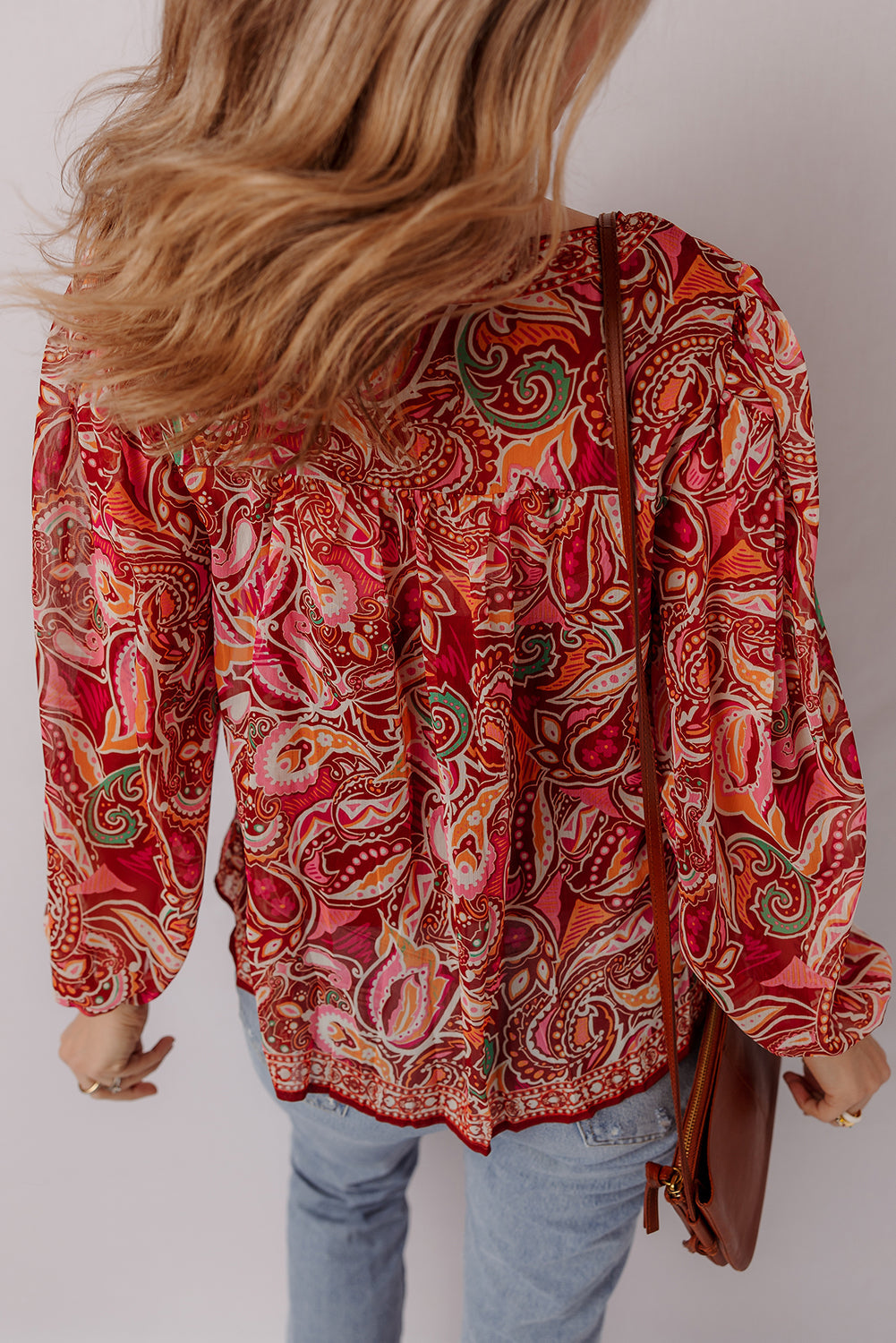 Multicolour Ethnic Paisley Print Tassel Tie Puff Sleeve Boho Blouse eAura