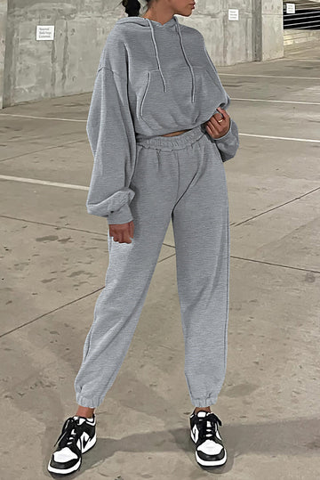 Grey Solid Drop Shoulder Hoodie and Joggers Activewear Set Beagle Boutique Fashion Outlet