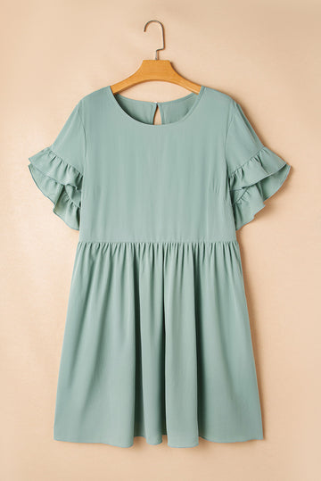 Grass Green Ruffle Trim Short Sleeve Plus Size Flared Mini Dress BB Fashion Outlet