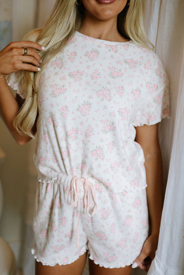 Pink Floral Lettuce Trim Tee and Shorts Ribbed Lounge Set eAura