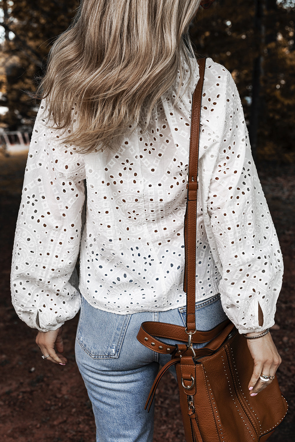 White Eyelet Embroidered Puff Sleeve V Neck Blouse eAura