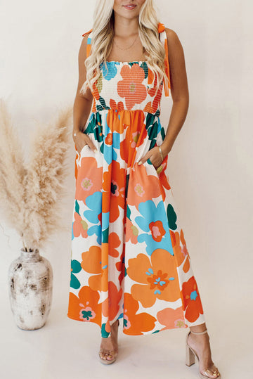 Orange Floral Self Tied Straps Smocked Bust Maxi Dress eAura
