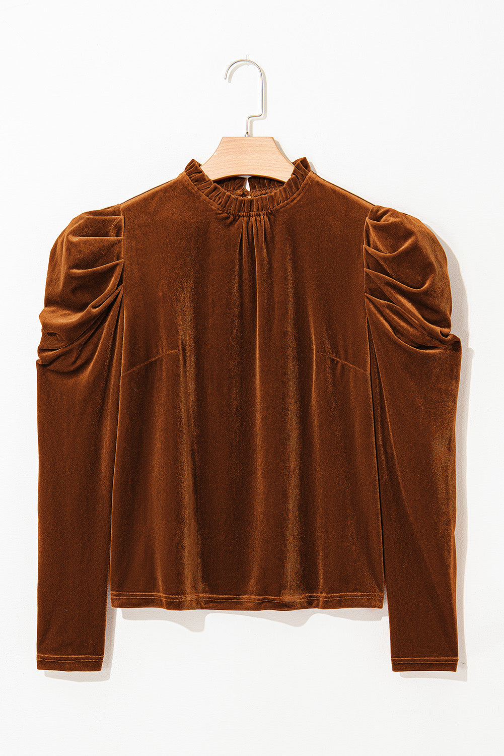 Chestnut Frilled Collar Puff Sleeve Velvet Top eAura